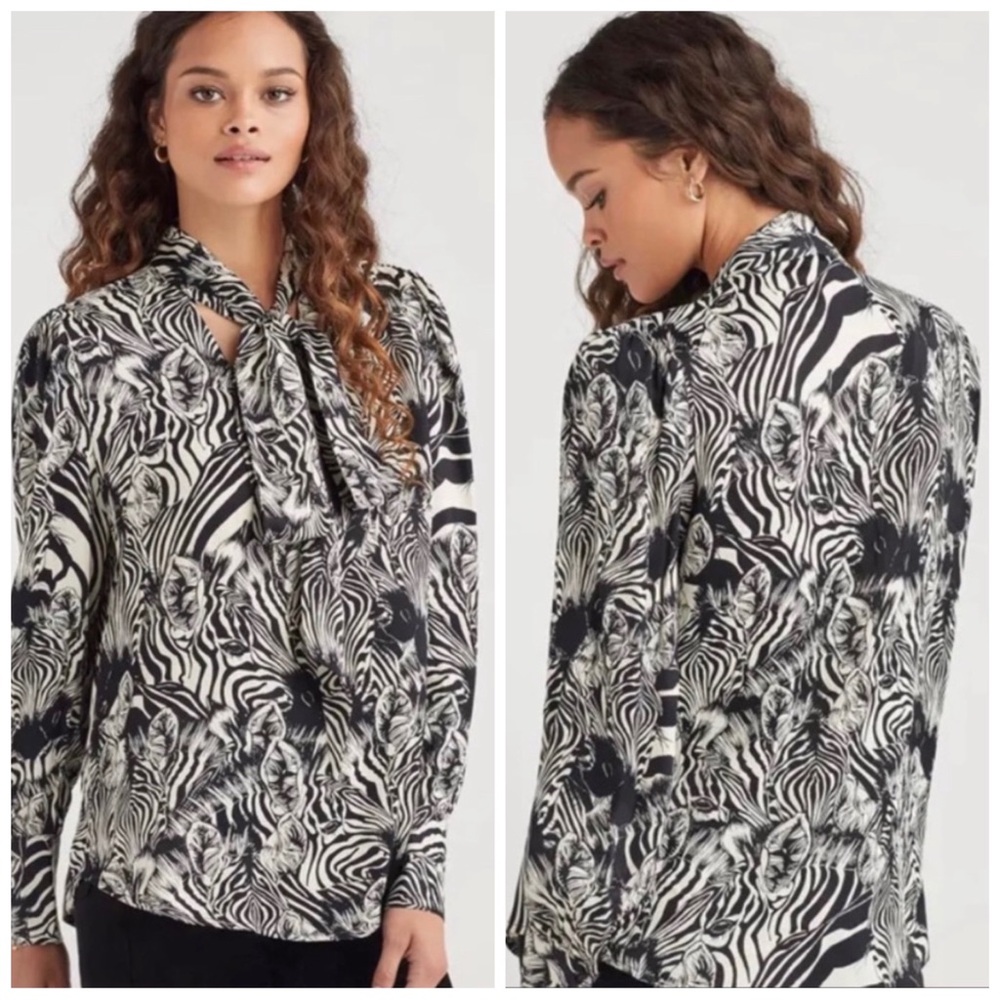•7 FOR ALL MANKIND• Zebra Print Tie-Neck Long Sleeve Blouse Top Size XS